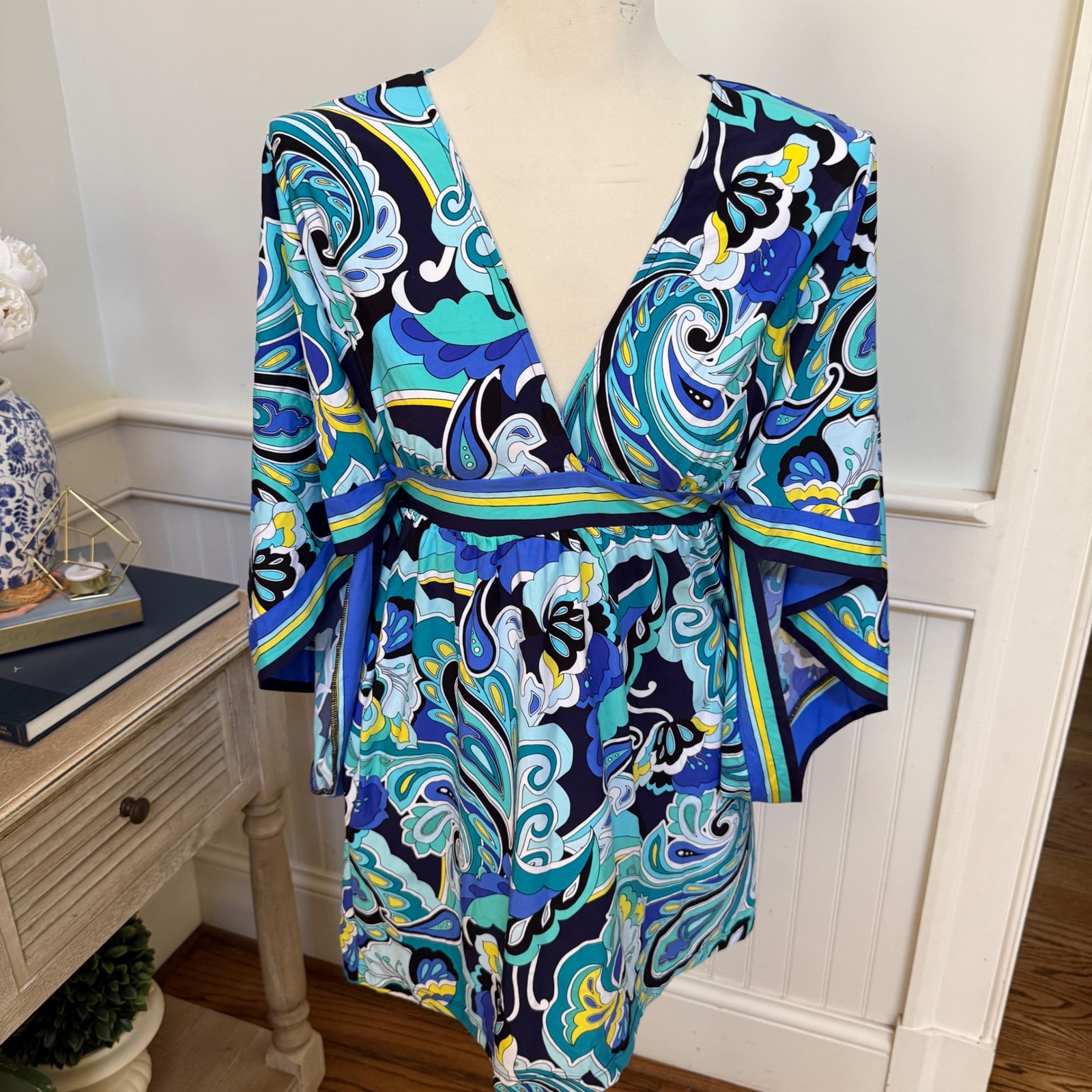 Trina Turk Womens M Blue Multi Color Paisley Print V Neck Kimono Swim Cover